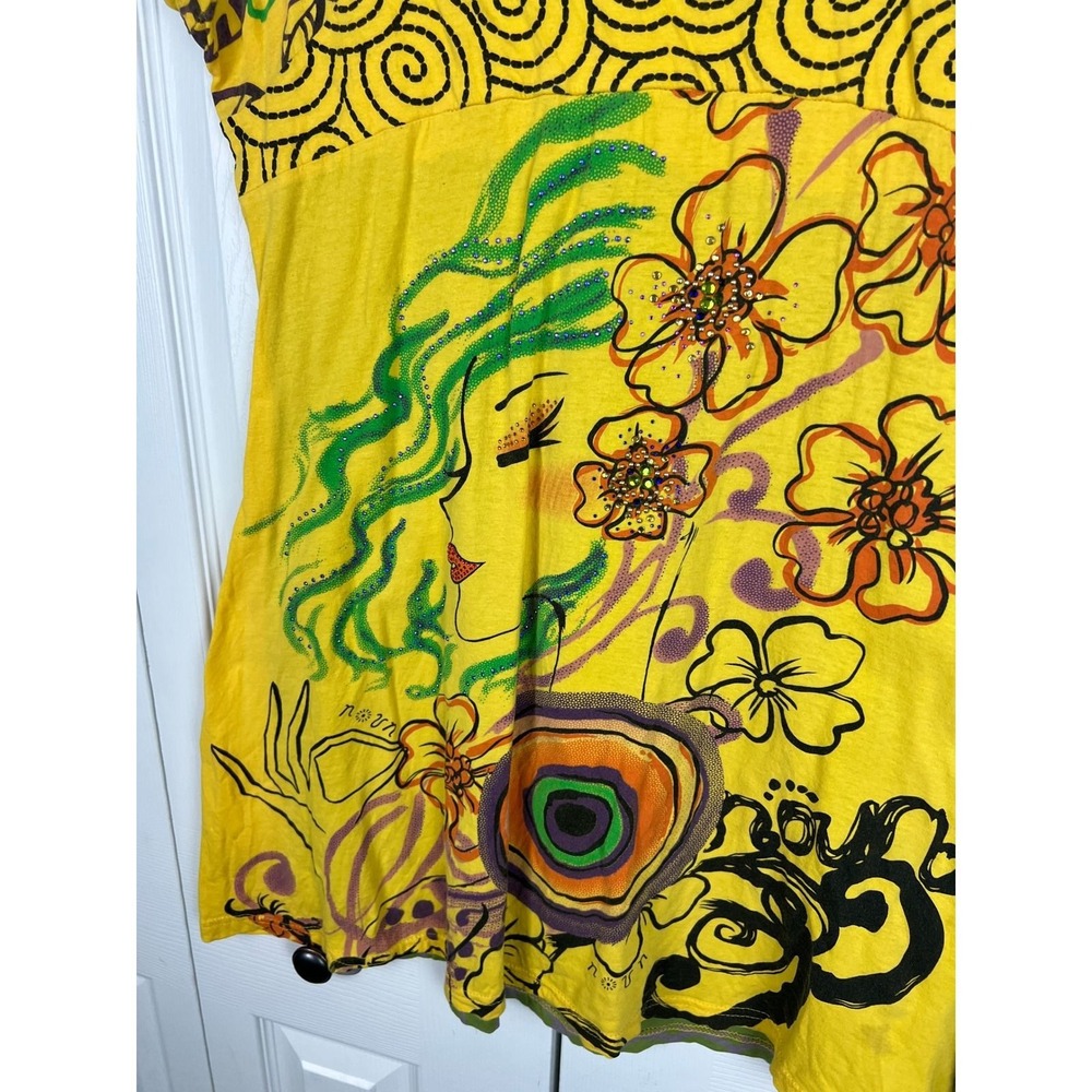 Adore Artsy Embellished Tunic Top Boho Y2K‎ Whimsigoth Yellow Green Cotton Small - Picture 5 of 8